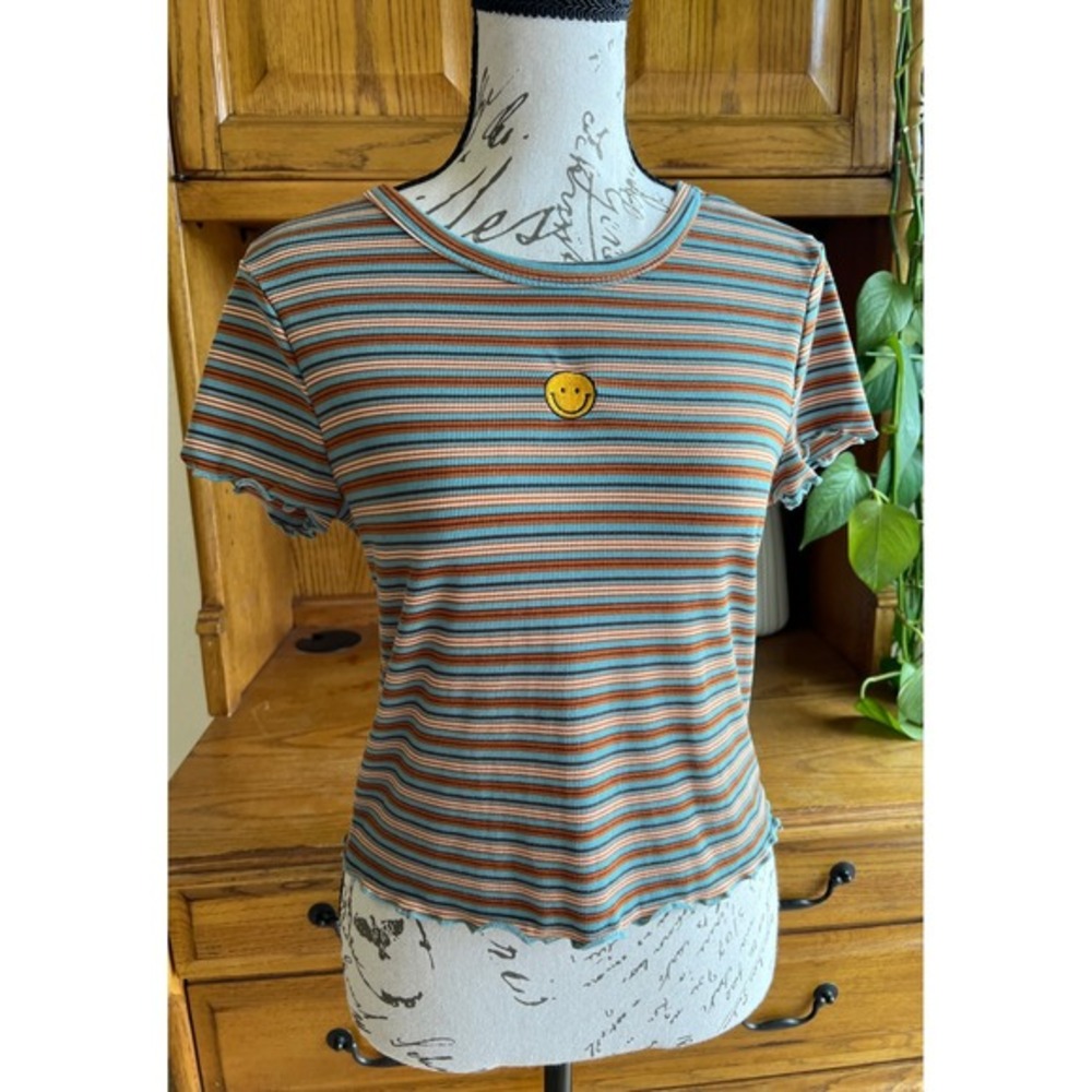 90's 2000's Y2K Striped Smiley Face Lettuce Edge Ribbed‎ Baby Tee Women's Medium